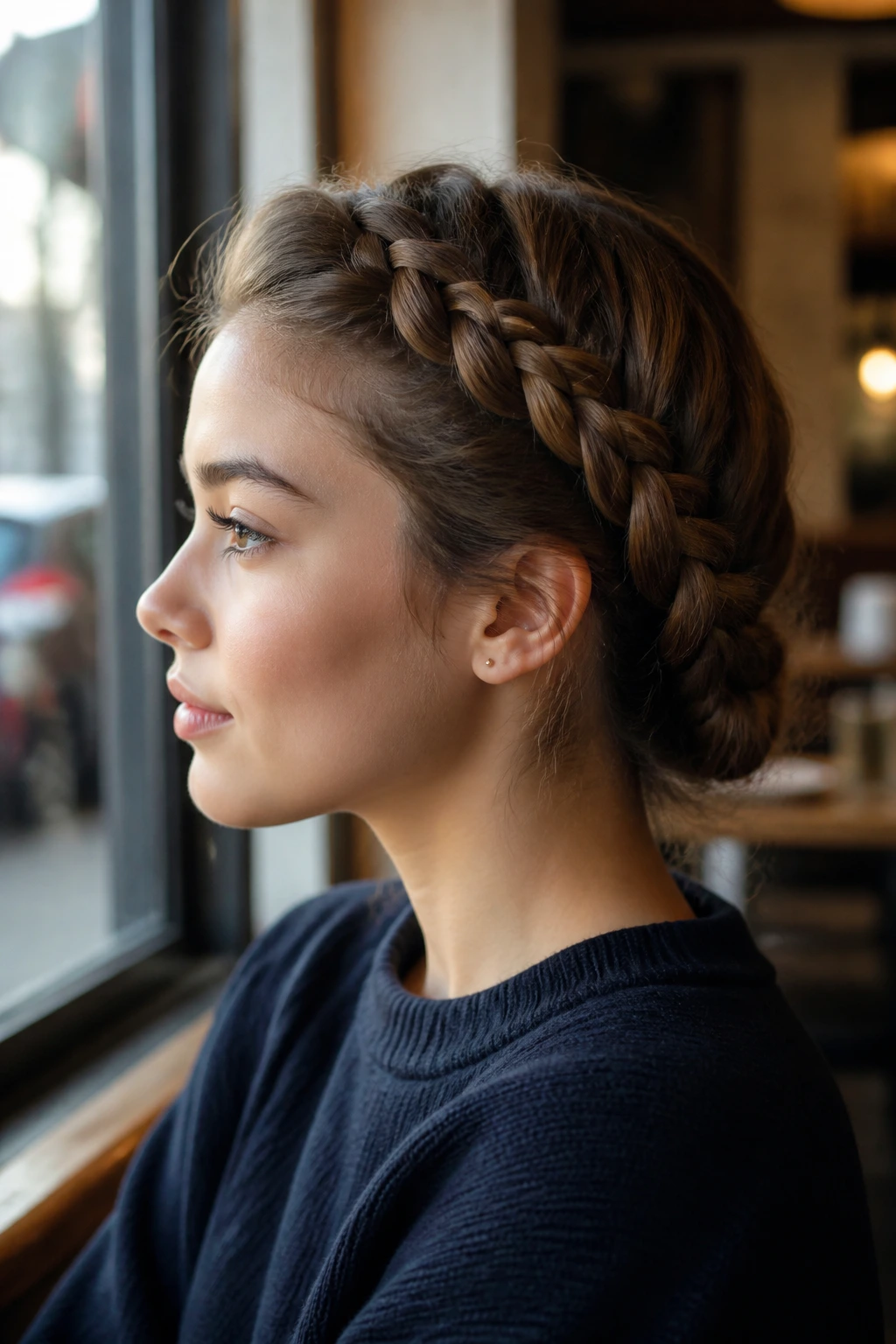 Side-profile of student with deep side-part milkmaid braids sweeping across the head.