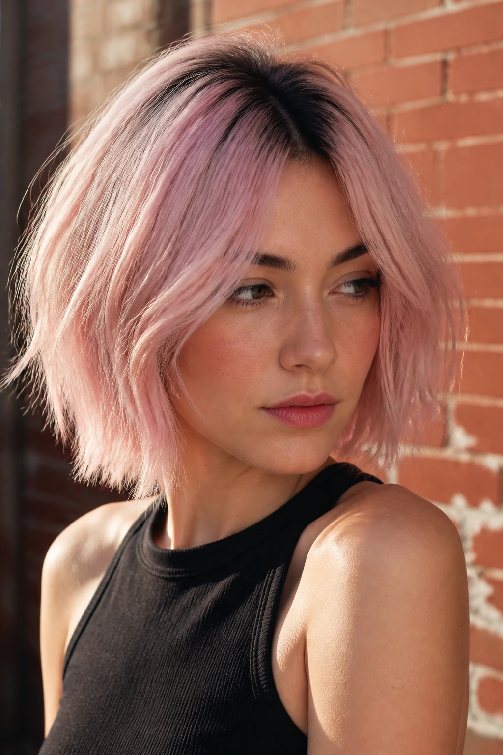 Close-up of a real woman with textured milky pink bob and deep roots