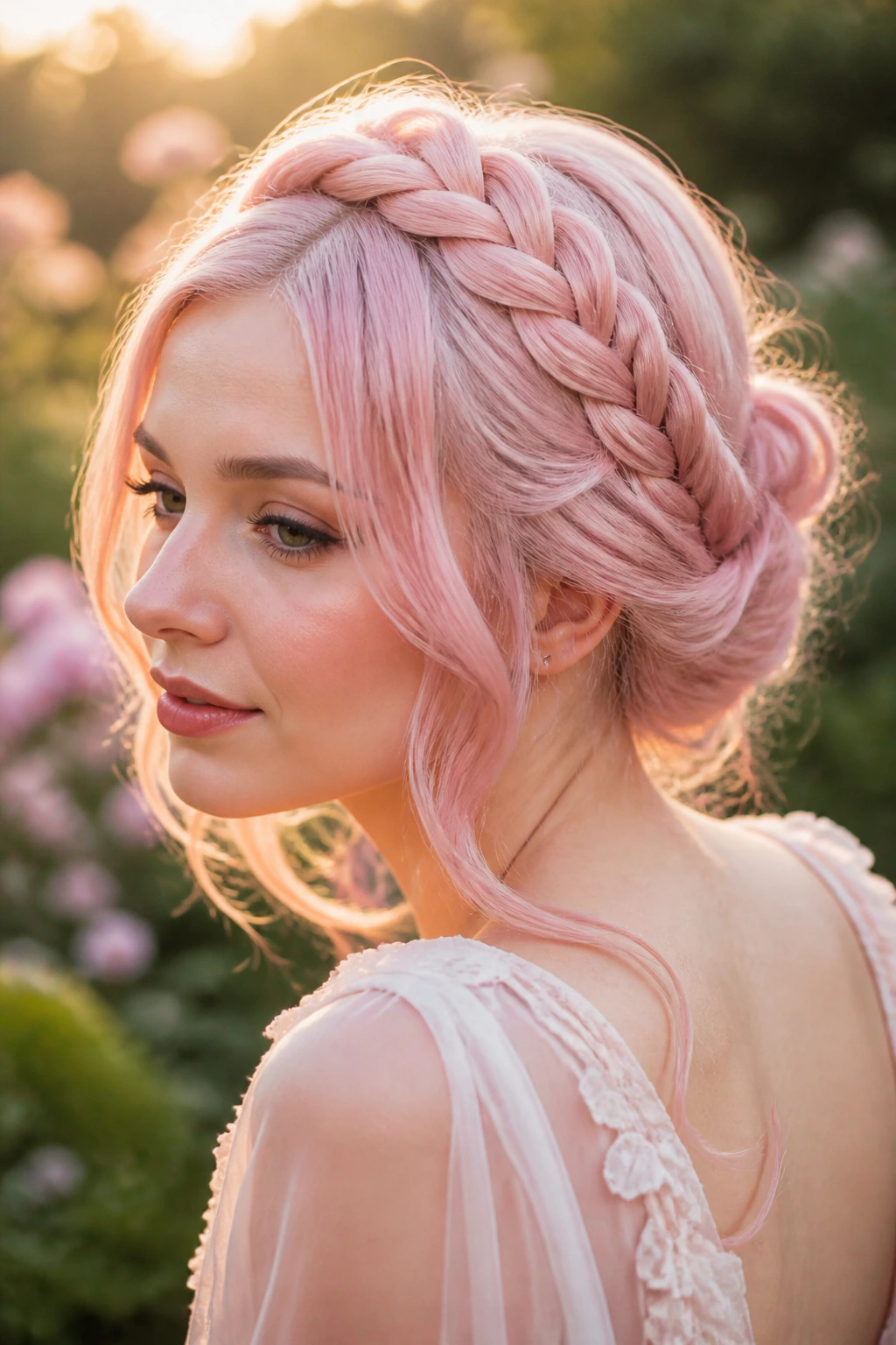 Close-up of a real woman with a milky pink braided updo in an outdoor setting
