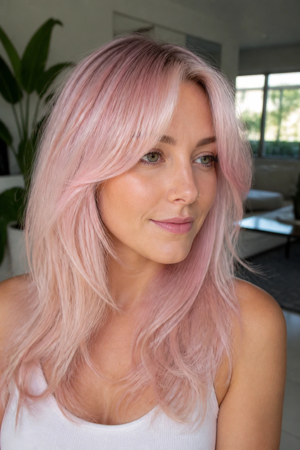 Close-up of a real woman with curtain fringe and layered milky pink hair