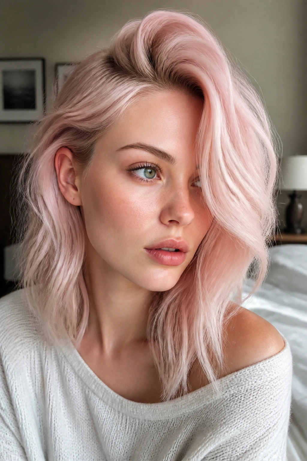 Close-up portrait of a real woman with milky pink hair and a deep side part.