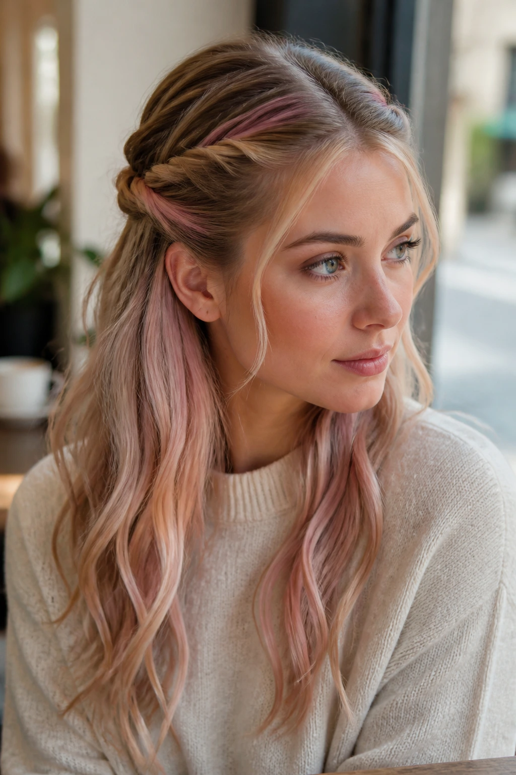 Close-up of a real woman with a half-up twist and milky pink accents by a daylight window