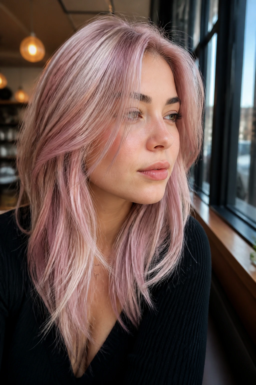 Real person with milky pink highlights and lowlights for depth