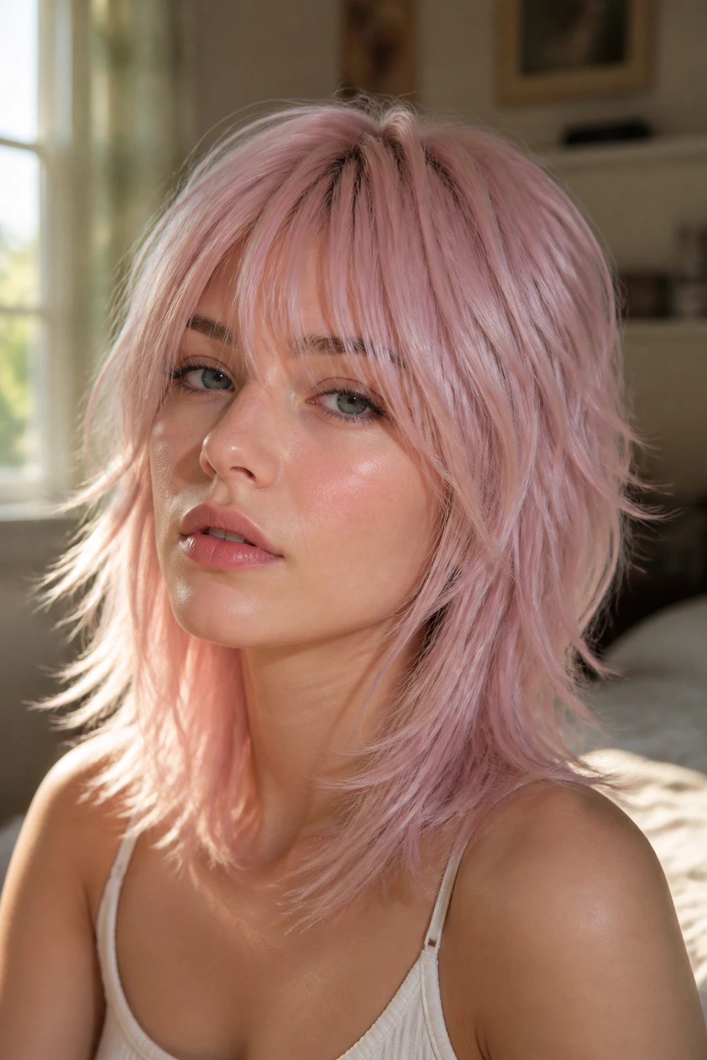 Close-up of a real woman with milky pink layered shag in sunlit bedroom