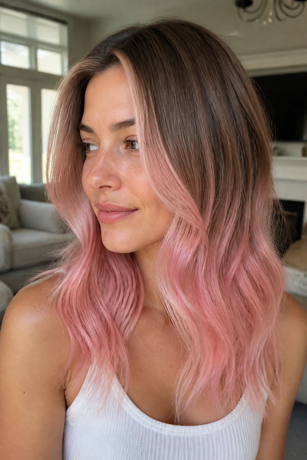 Close-up of milky pink ombre with natural base on real person in bright living room
