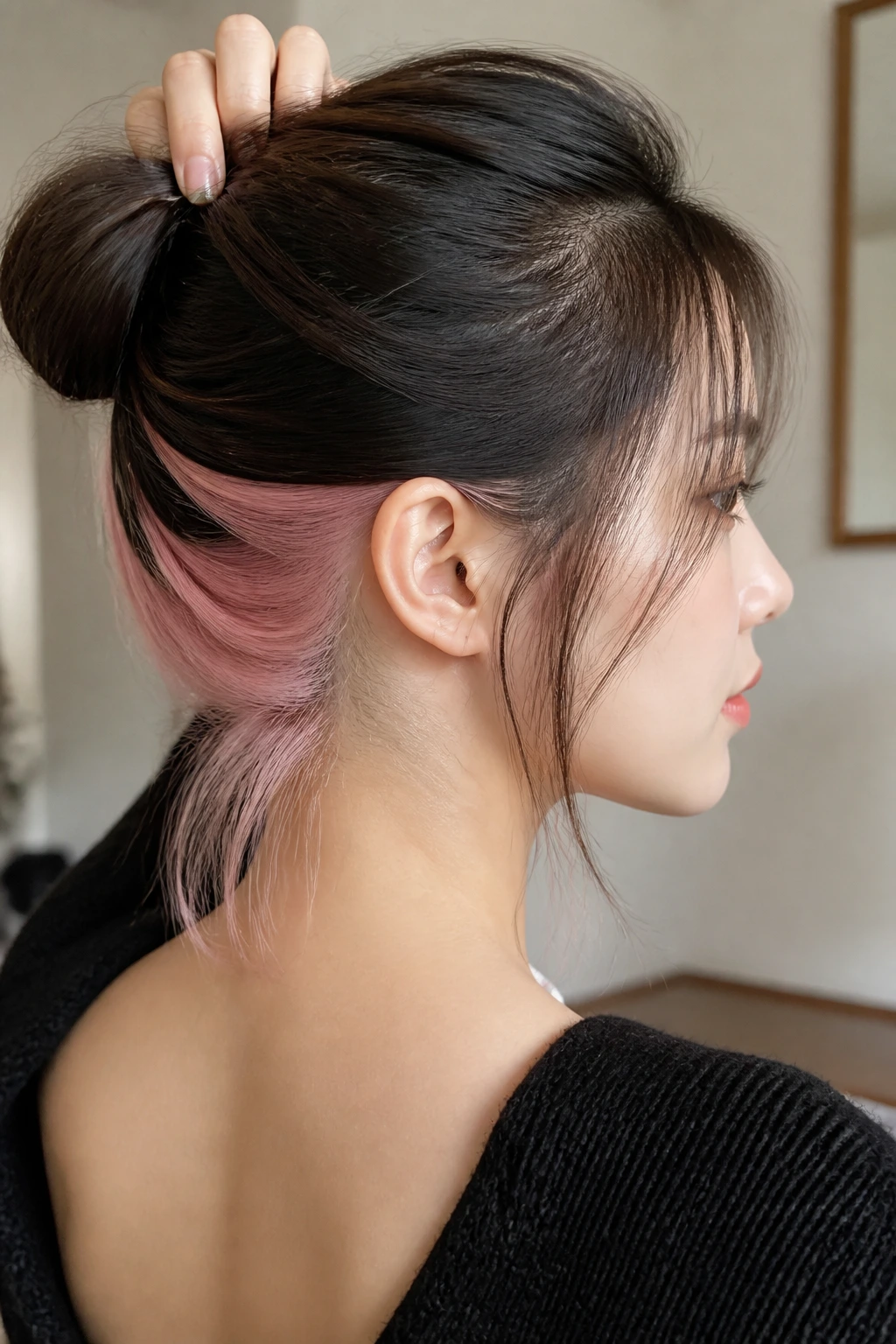 Profile portrait showing milky pink peek-a-boo under dark natural base at the nape.