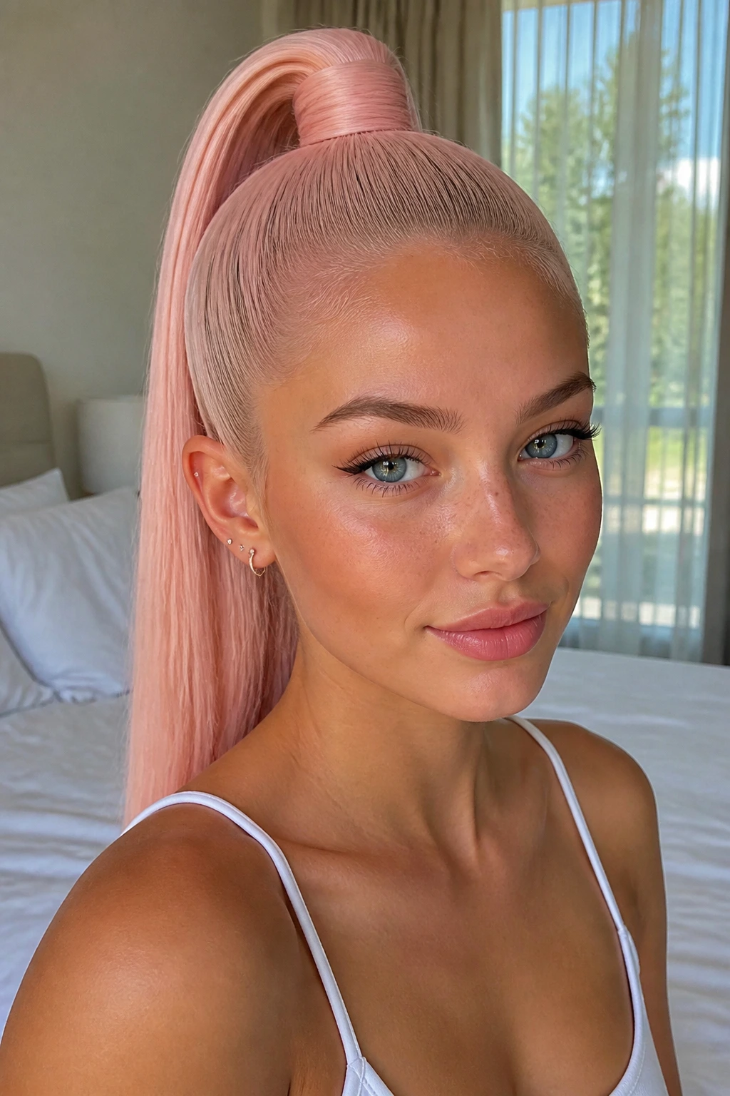 Close-up of a real woman with a milky pink sleek high ponytail wrapped around the elastic