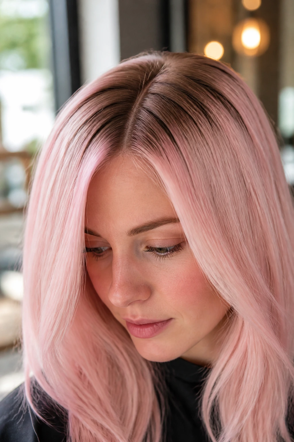 Close-up of a real woman's head showing a blended milky pink root shadow on fine hair