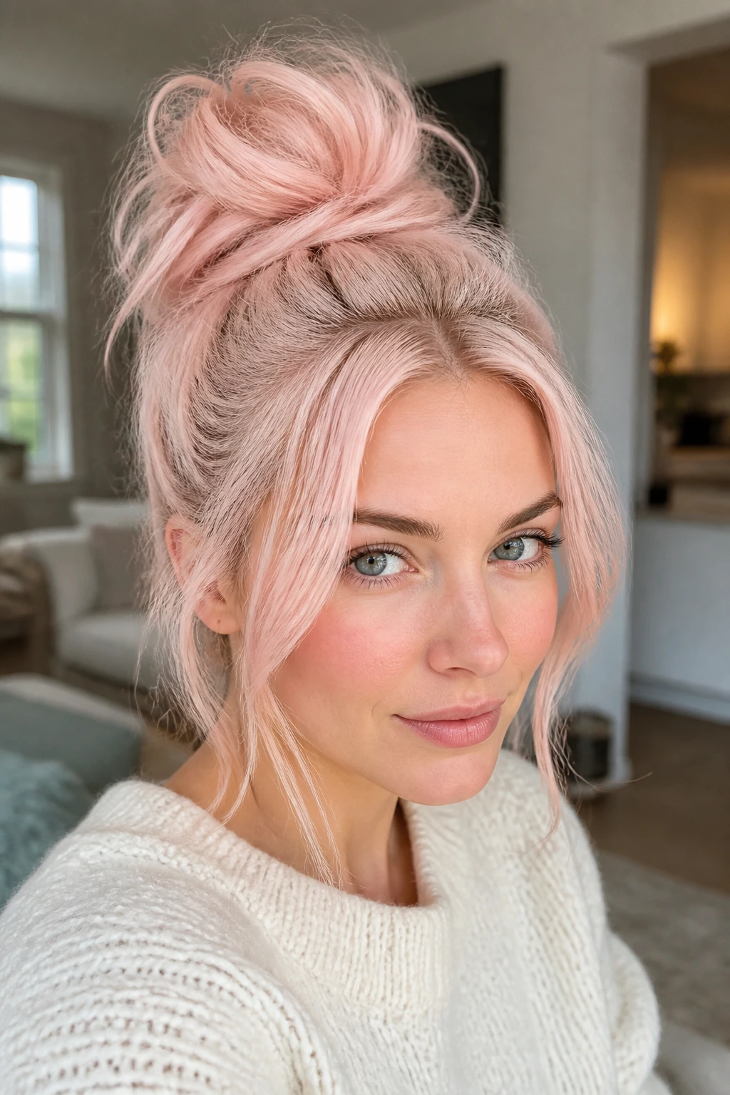 Real person with a messy milky pink top knot