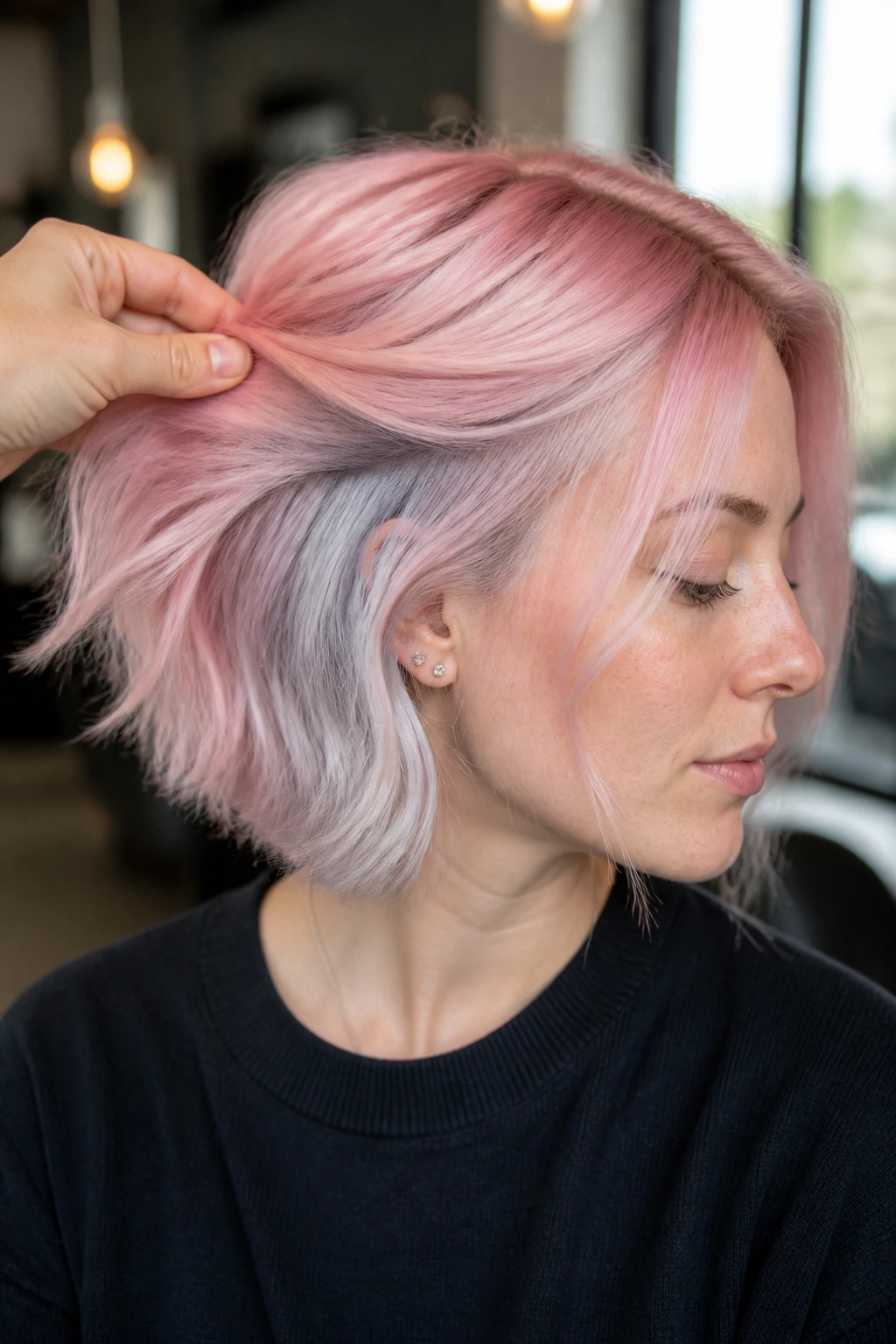 Close-up of milky pink with silver underlights on real person in modern salon