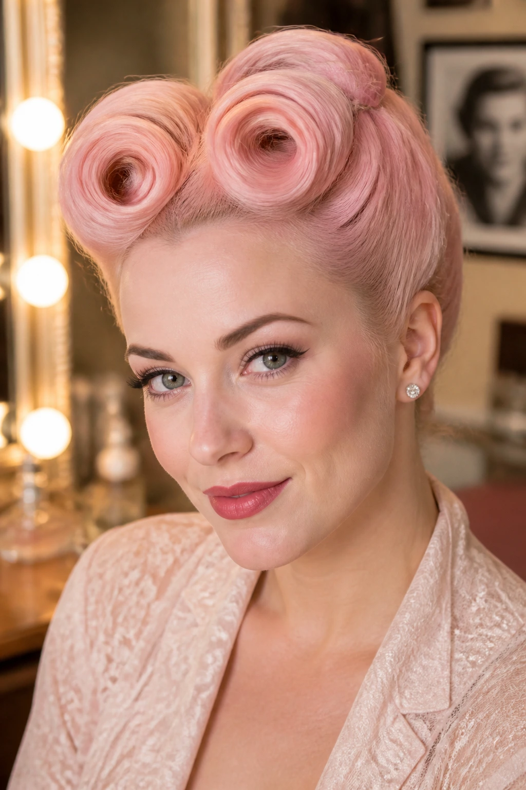 Close-up of a real woman with milky pink victory rolls in a vintage dressing room