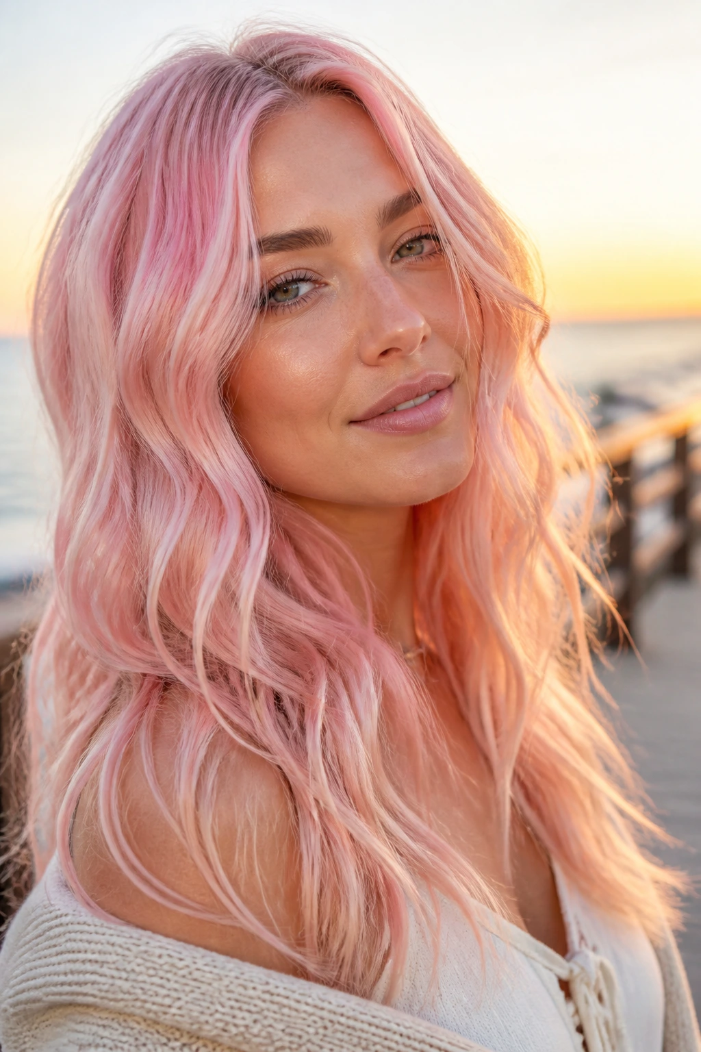 Close-up of a real woman with soft milky pink waves at sunset on seaside boardwalk
