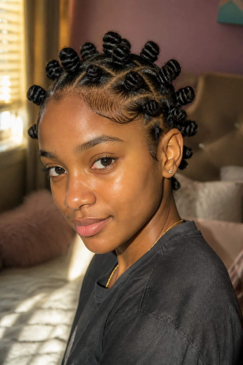 Close-up of a real student with mini bantu knots all over the head in a warm window-lit room.