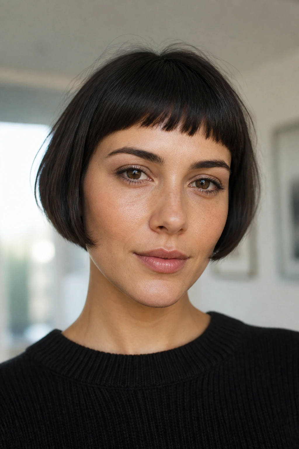 Close-up of a woman with a cheekbone-length mini bob and micro bangs