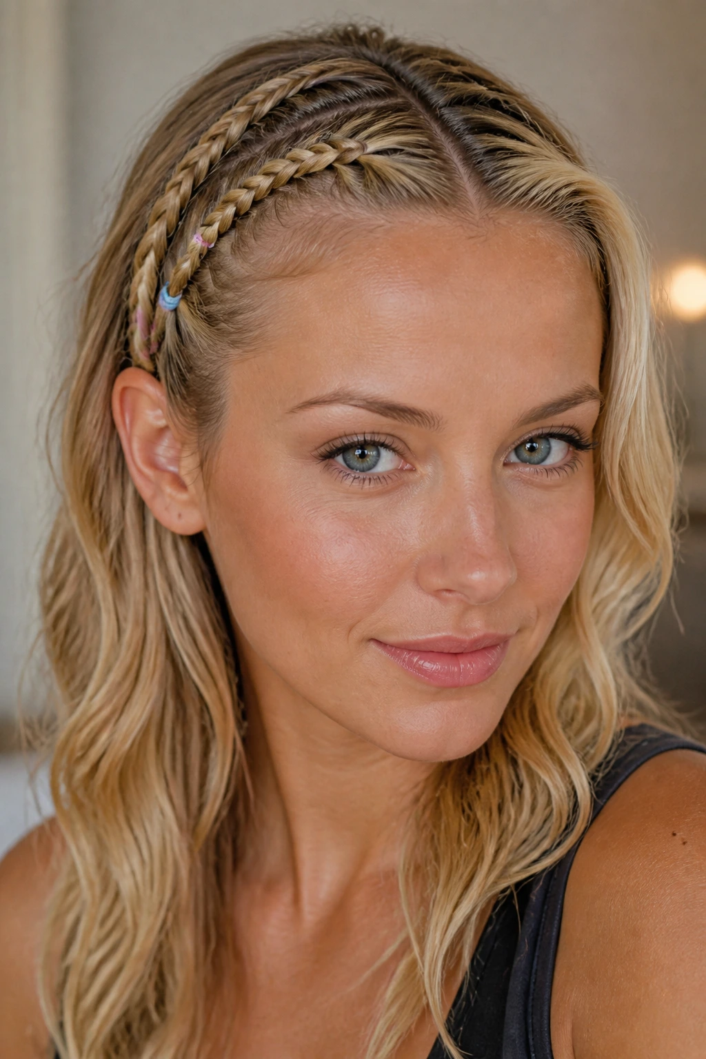 Front portrait of a woman with three small braids along the hairline behind the ears.
