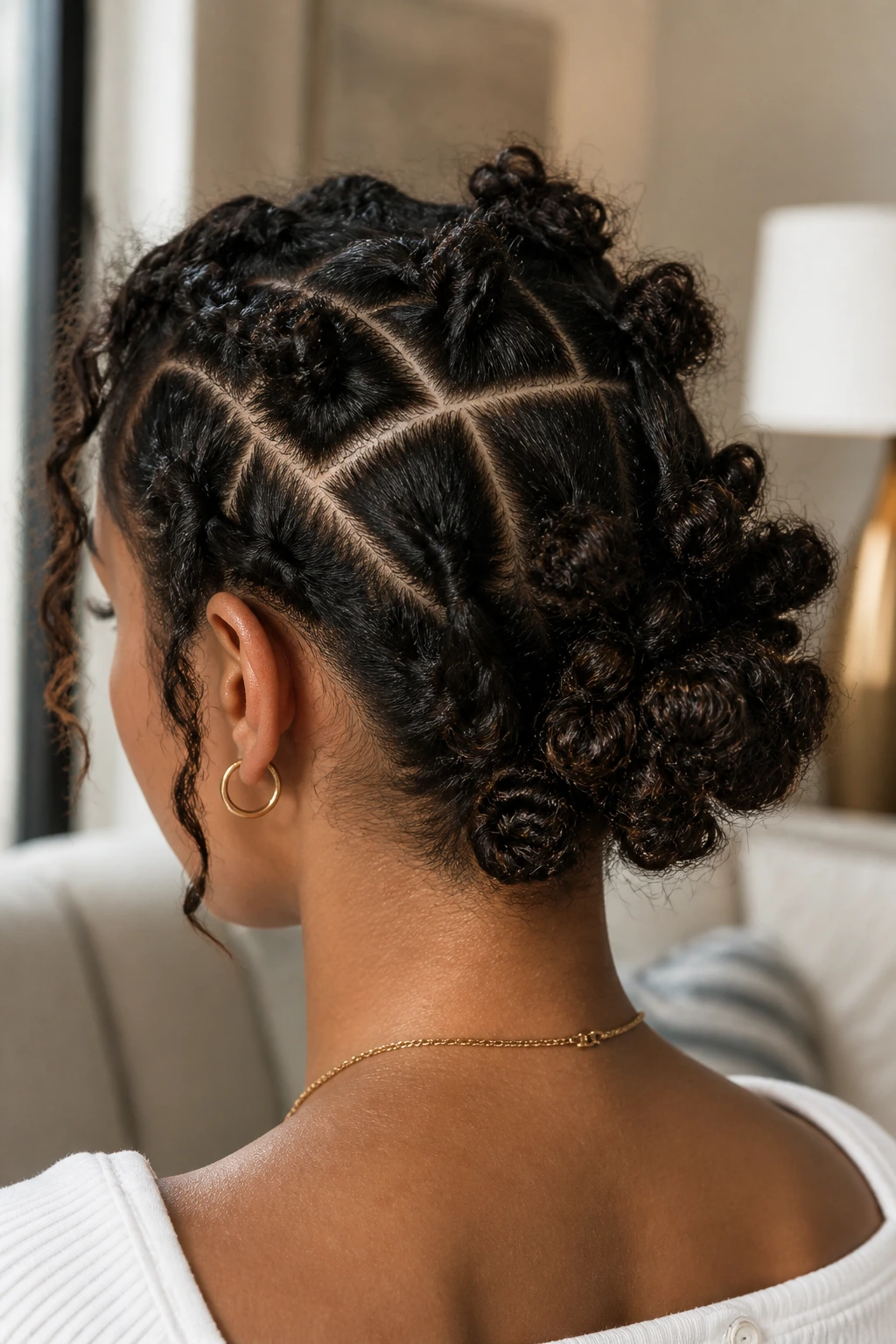 Rear close-up of a real person with micro pony buns at the back