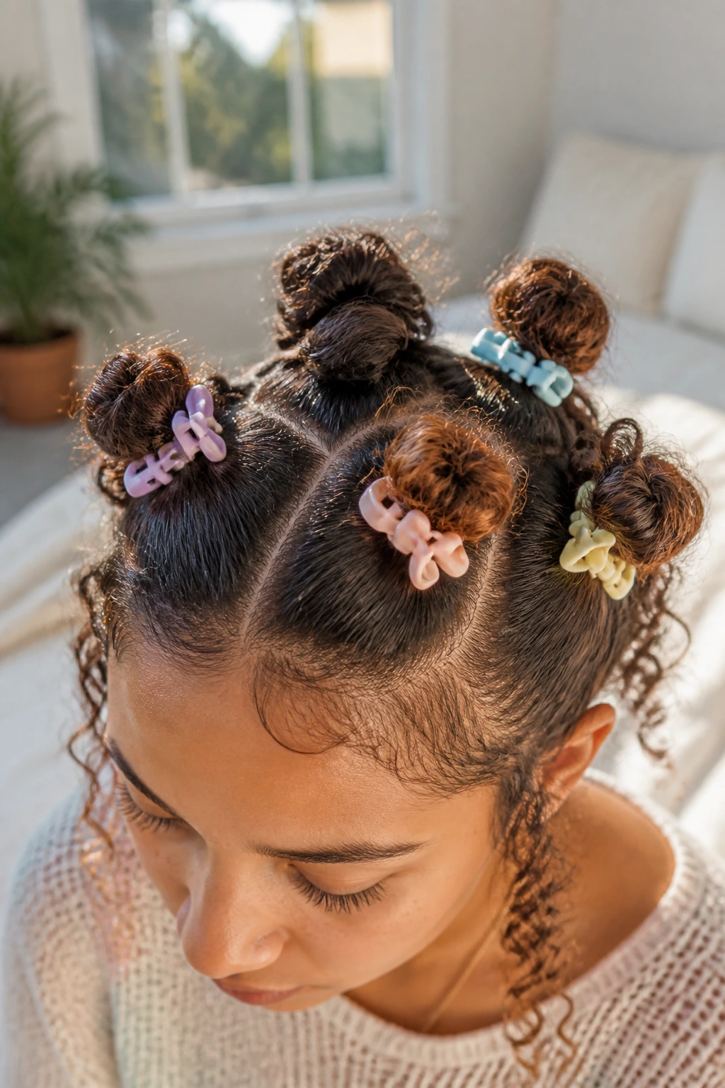 Top-of-head view of a real person with four to six mini buns and pastel clips