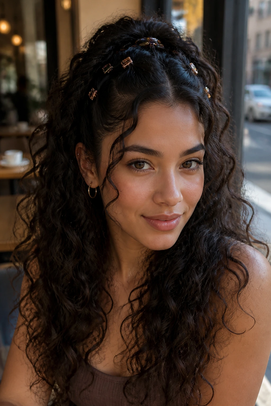 Close-up of woman wearing mini-clips securing half-up hairstyle.