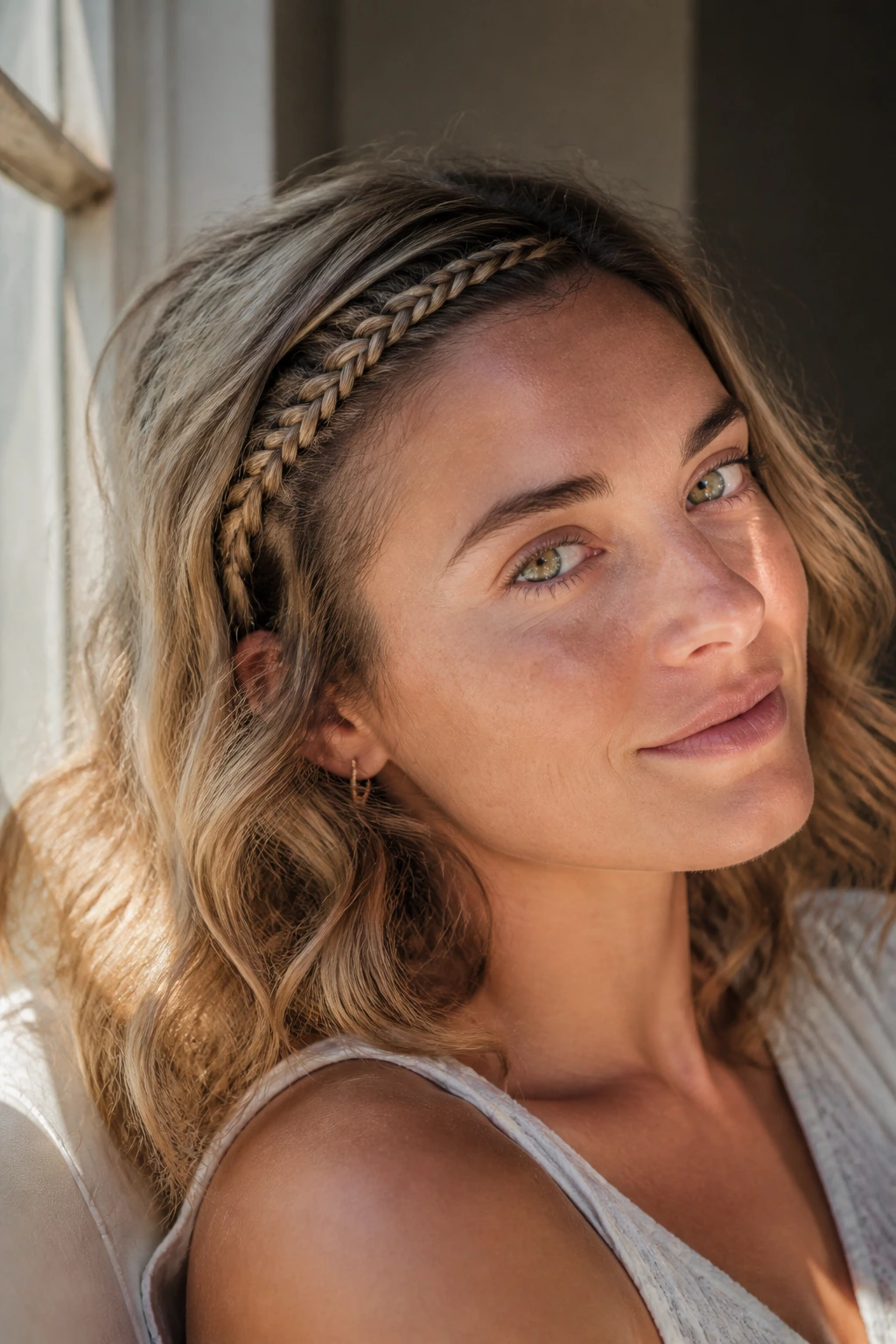 Close-up of a real woman with a small French braid accent and loose waves