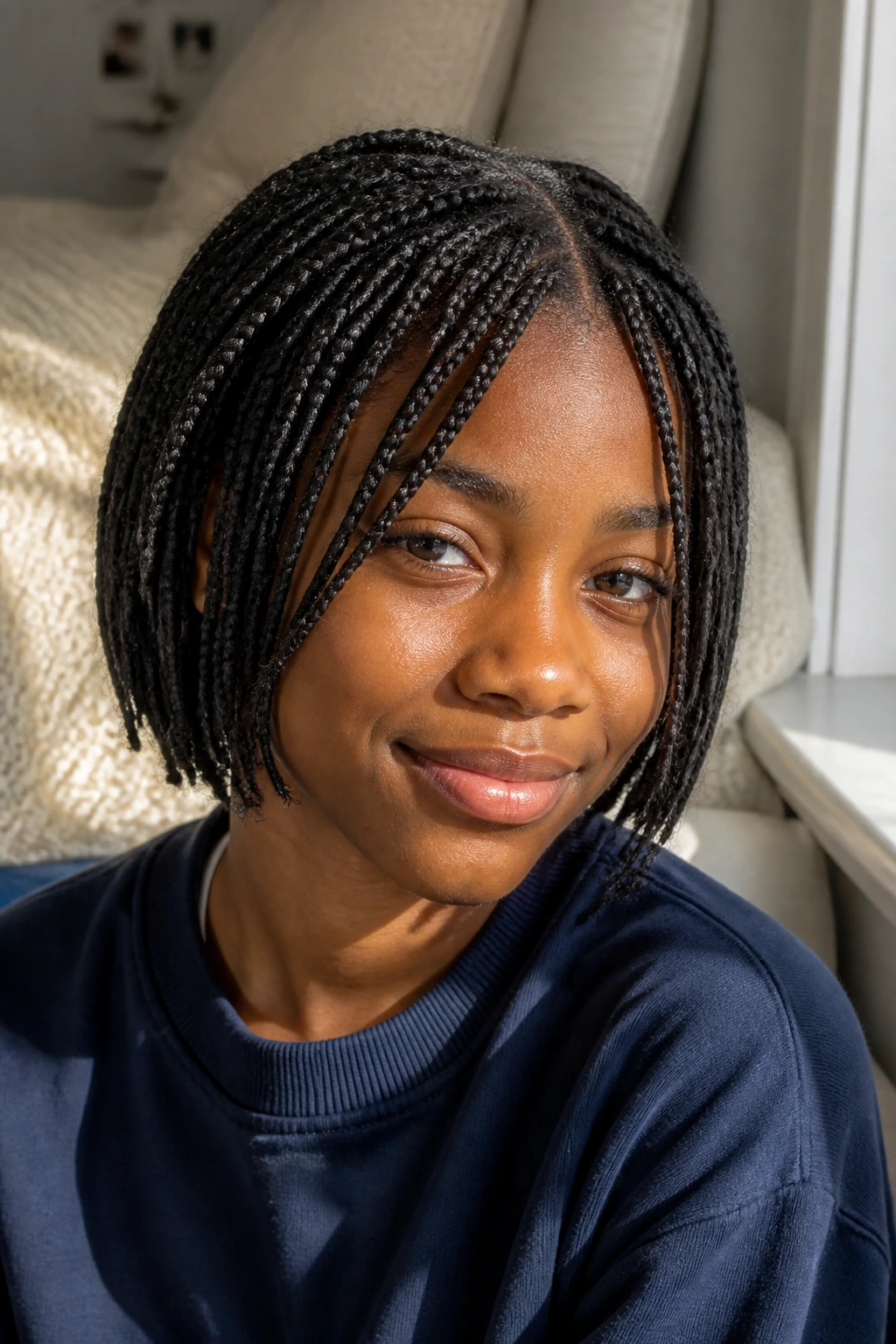Portrait of a real student with mini individual braids by a window