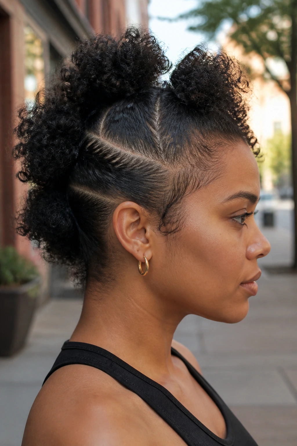 Close-up of real person with center mini-puffs in a faux hawk.