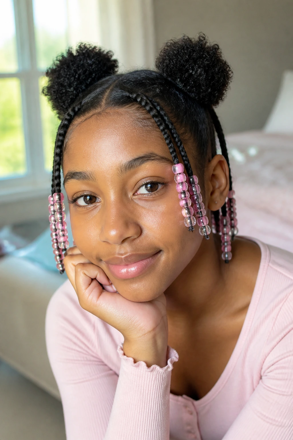 Close-up of a person with two mini puffs at the crown and beads