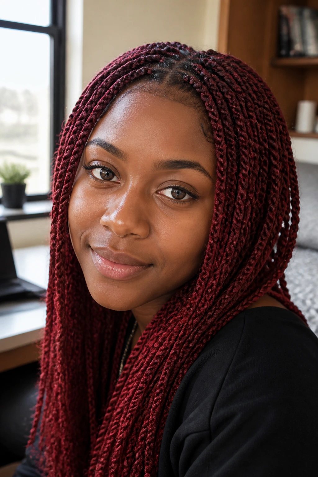 Close-up of mini red twists on a real person in a bright study space