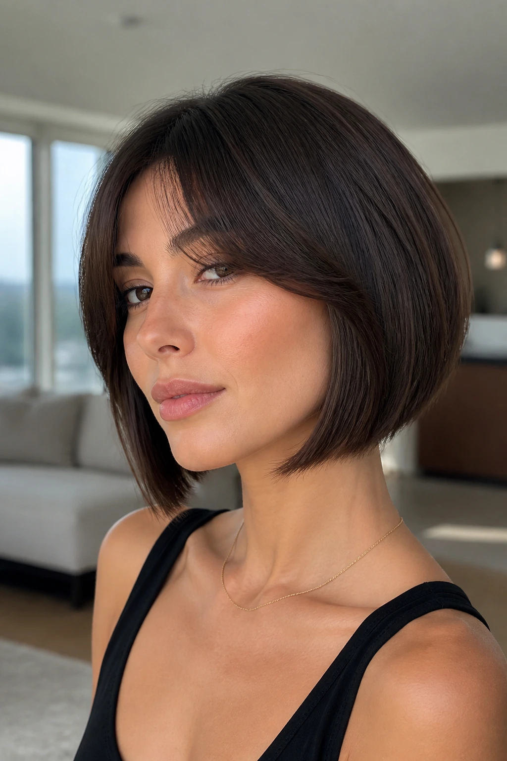 Close-up portrait of a real woman with a minimalist angled bob and blended curtain bangs in a bright room