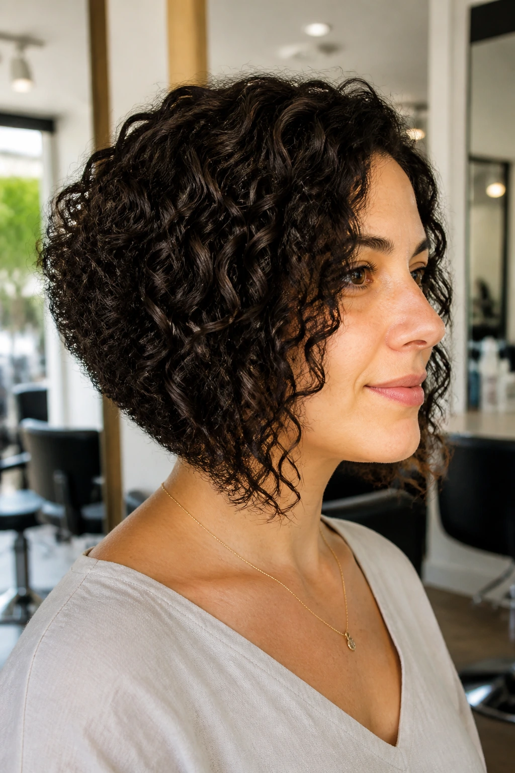 Close-up portrait of a real person showing a minimalist angled inverted bob.