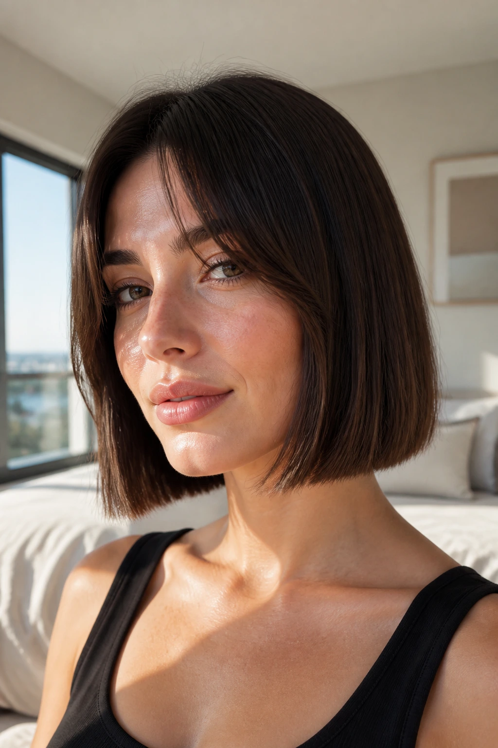 Close-up of a real woman with a minimalist blunt bob and subtle curtain bangs