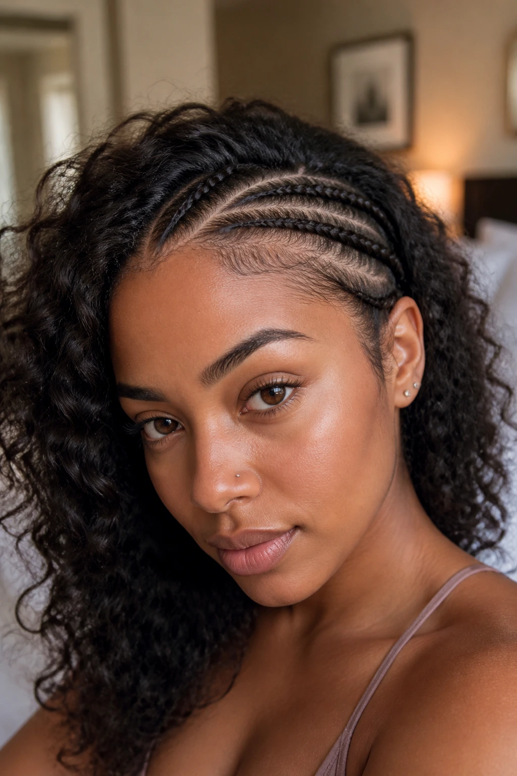 Close-up of minimalist part-line cornrows on a real woman with curly hair, warm window light