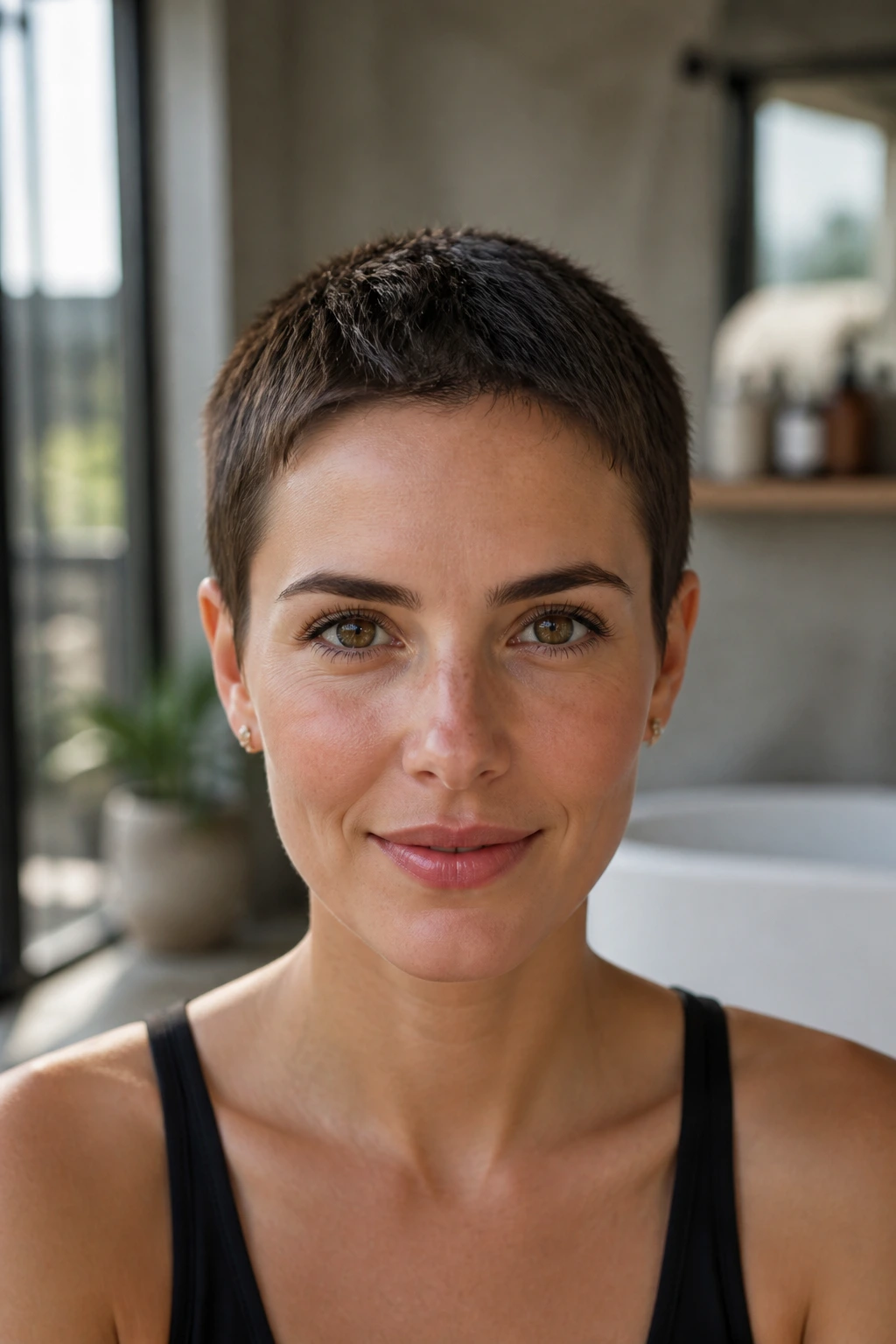 Close-up portrait of a person with a minimalist uniform pixie crop