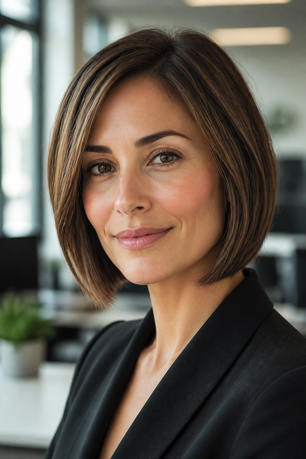 Close-up portrait of a woman with a minimalist feathered bob in an office setting