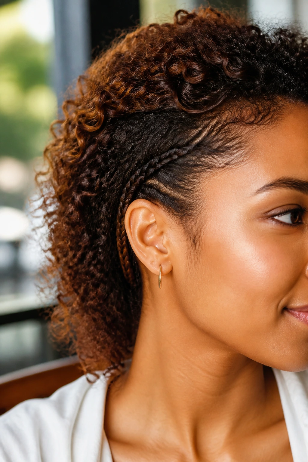 Close-up of a real person with a tiny fishtail braid behind the ear