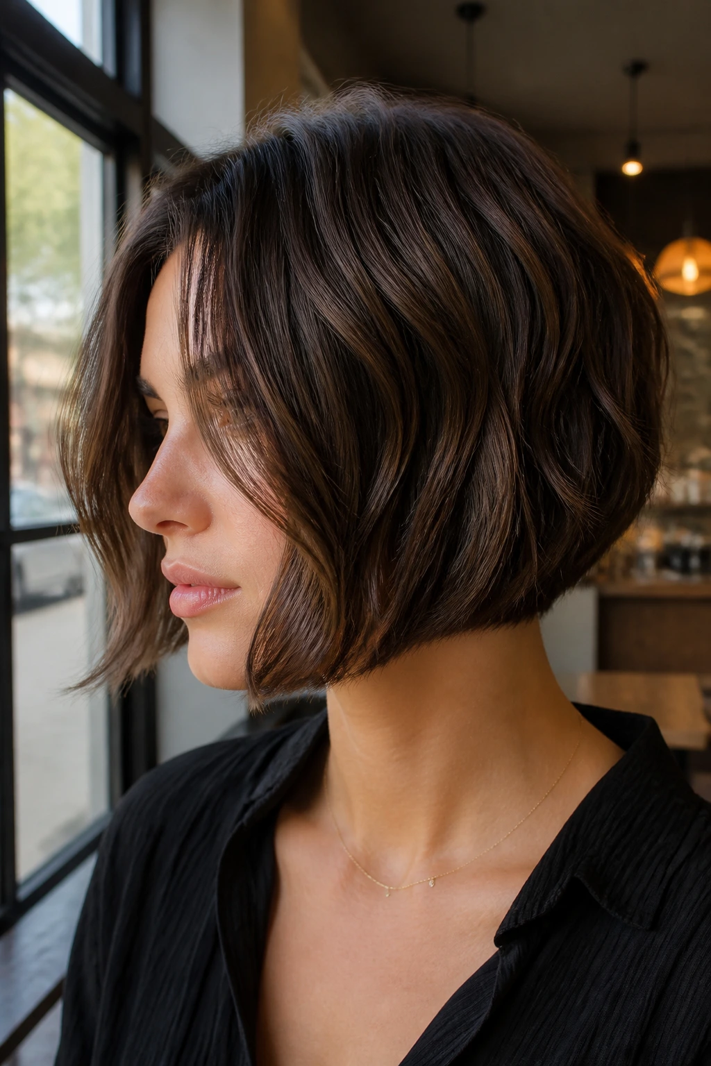 Close-up of a real woman with minimalist inverted bob in a bright cafe setting