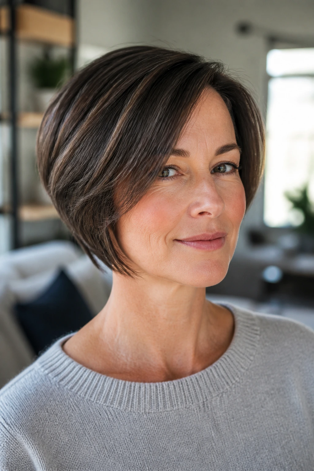 Close-up portrait of a real person with a minimalist long wedge hairstyle
