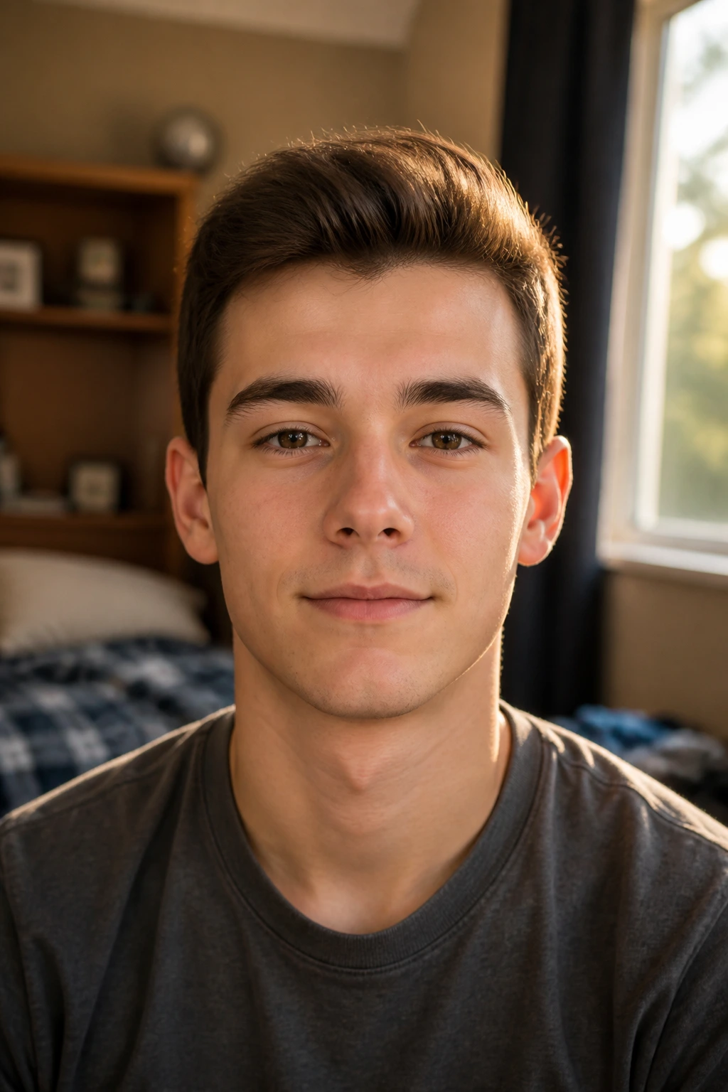 Close-up portrait of a real person with a minimalist quiff in warm bedroom light
