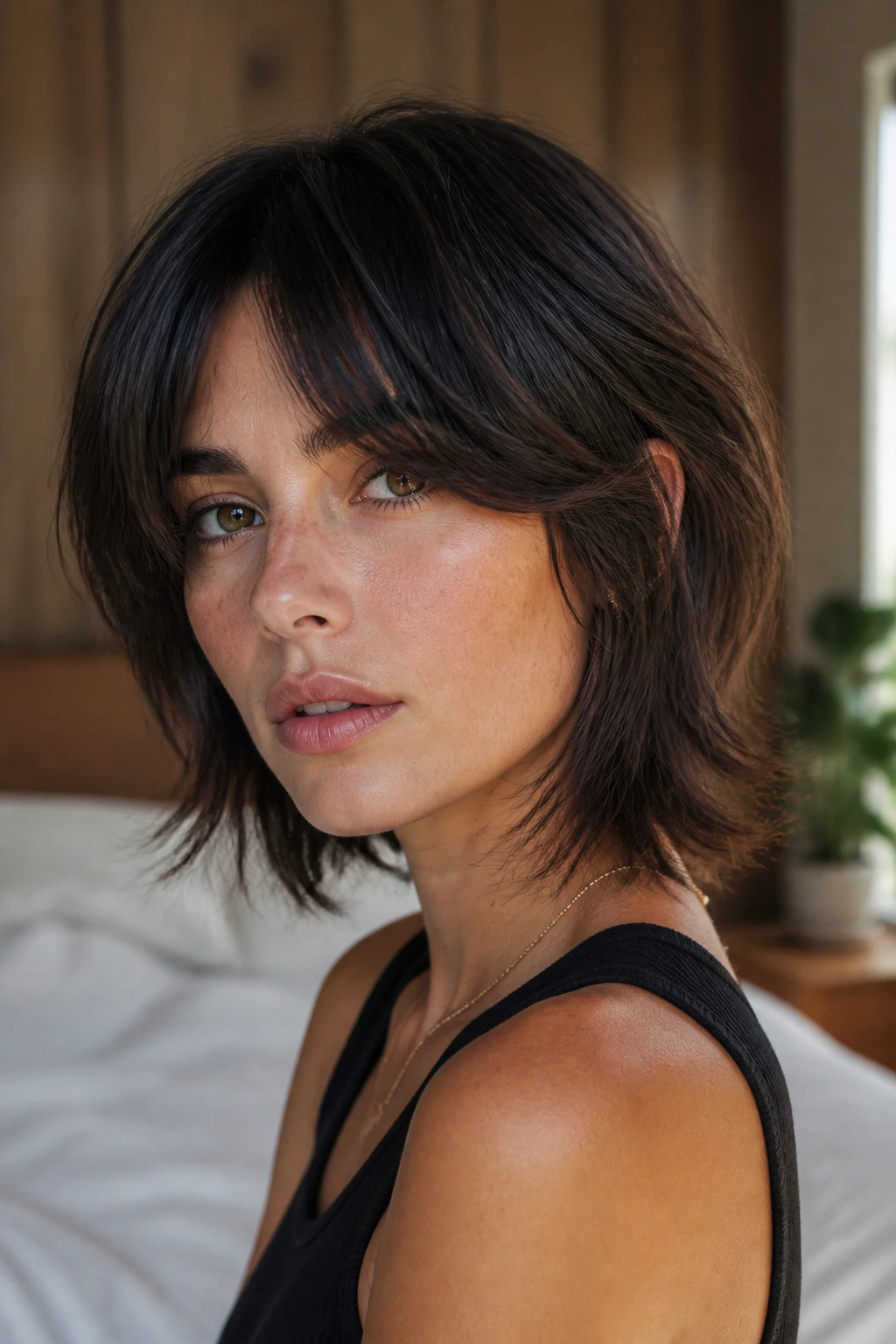Close-up portrait of a real woman with a minimalist shag and curtain bangs in a softly lit bedroom