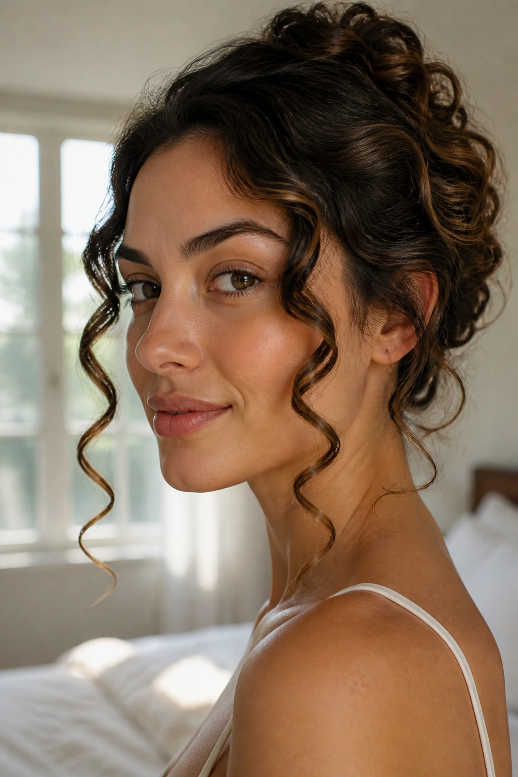 Close-up portrait of a real woman with minimalist spiral curls framing the face in a softly lit bedroom.