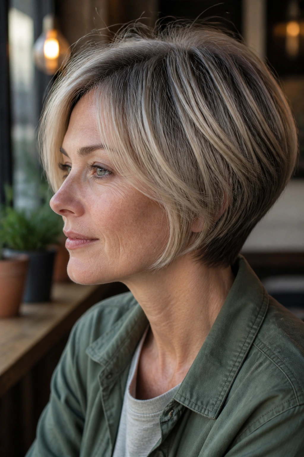 Close-up of a woman showing a minimalist nape stack