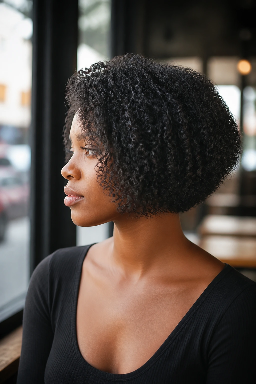Real woman with a minimalist stacked bob in daylight at a cafe.