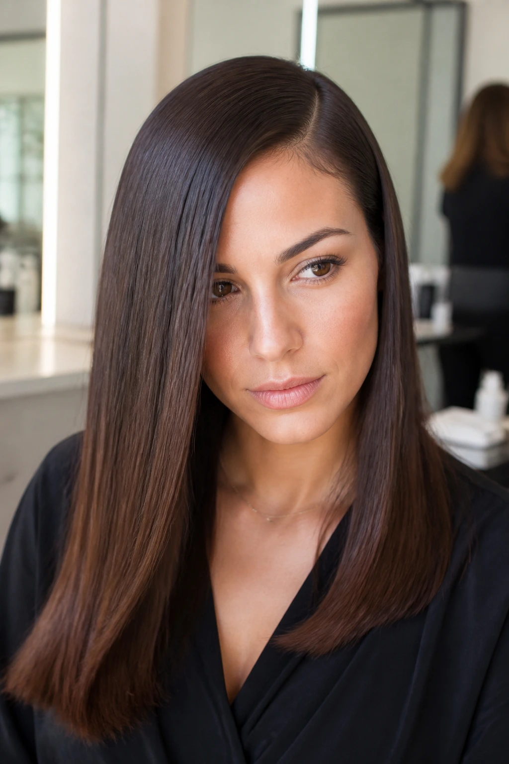 Close-up of a real woman with a sharp straight side-part blowout