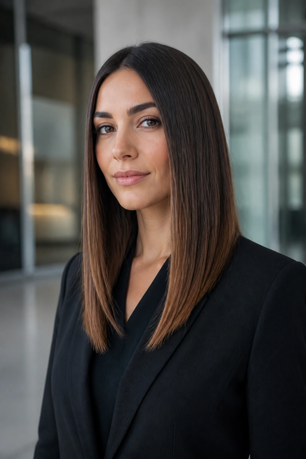 Close-up portrait of a real person with minimalist straight-cut angled tresses in a corporate lobby