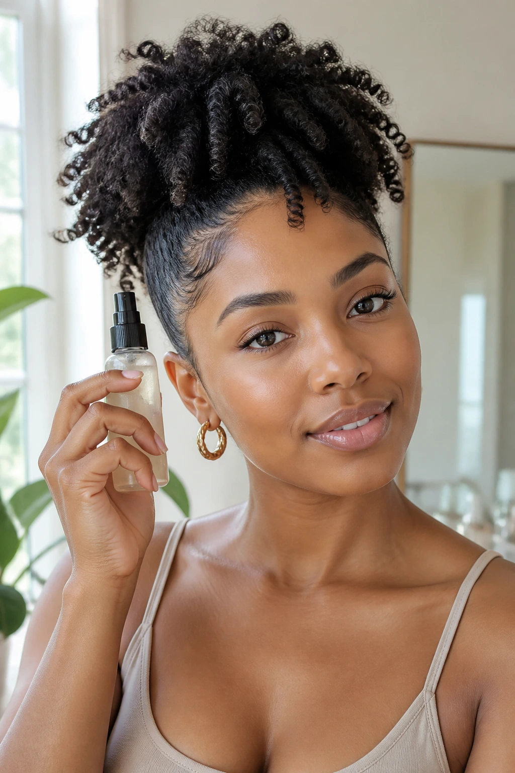 Close-up of a person holding a small bottle representing a minimalist textured hair styling kit