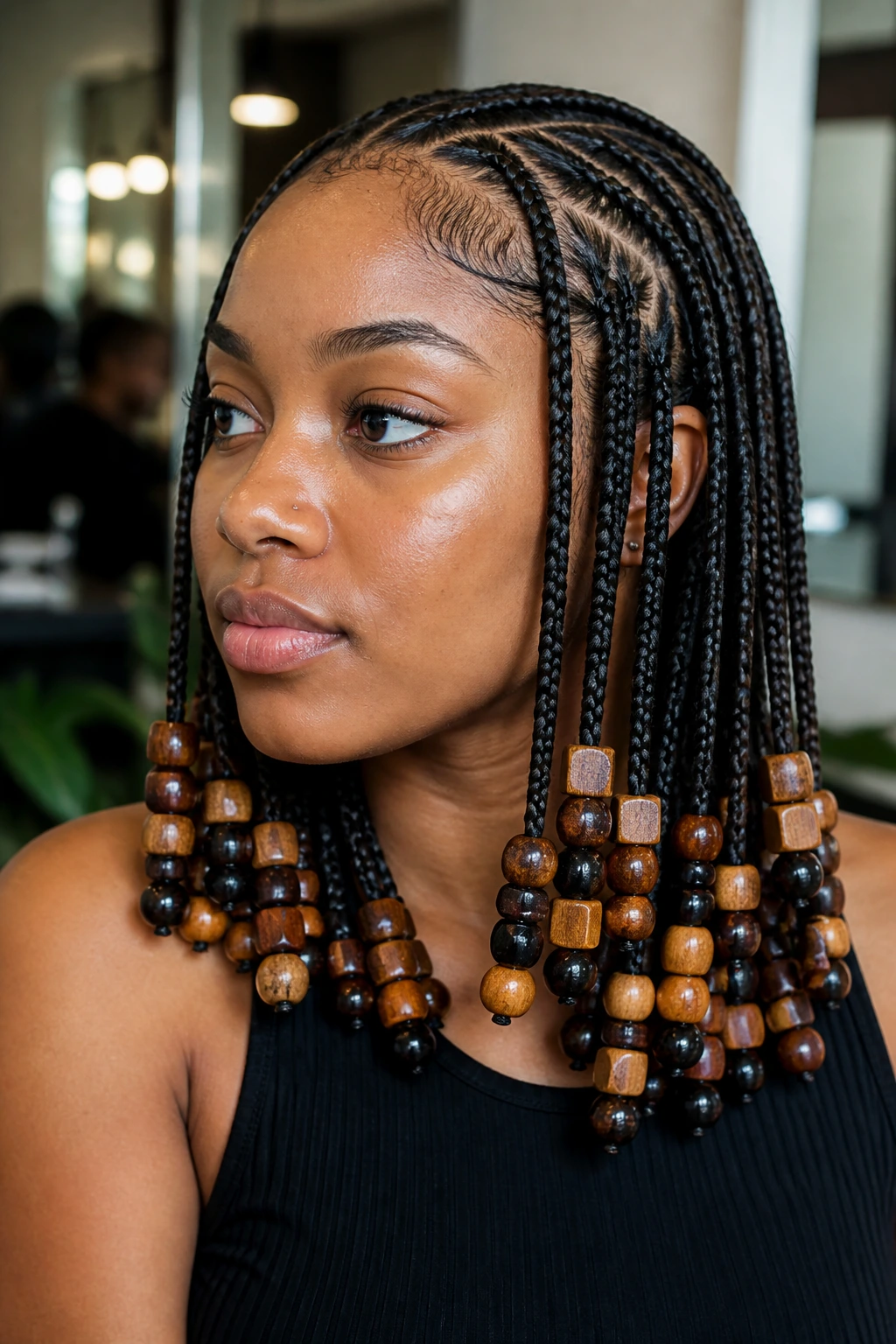 Close-up of a real person wearing mixed-shape bead ensembles in braids