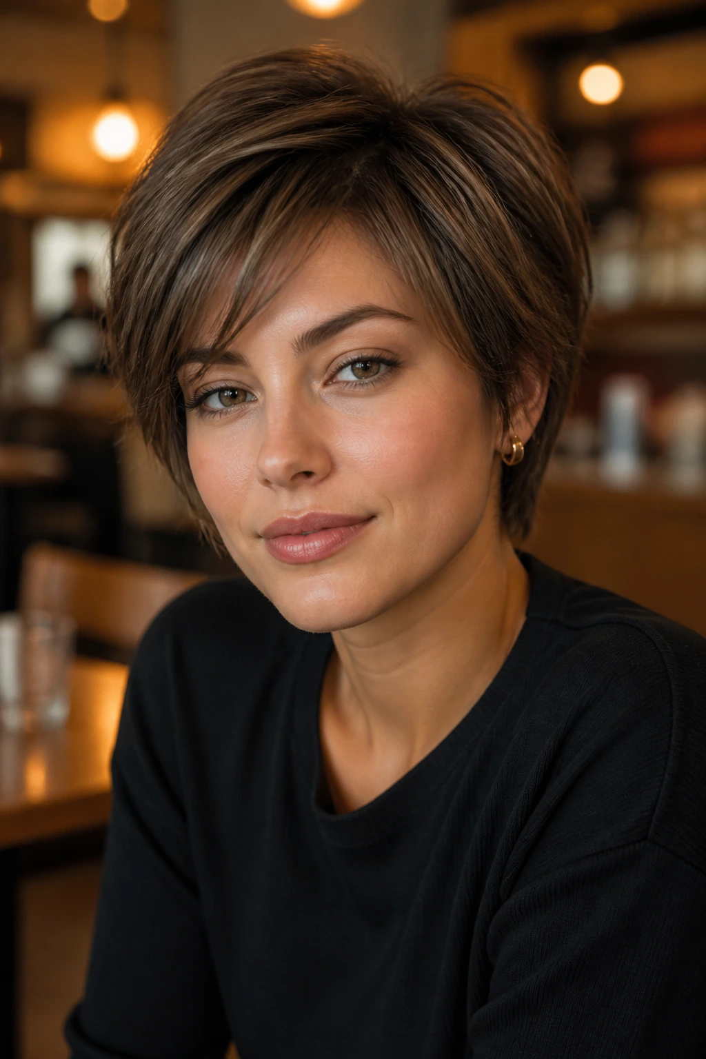 Portrait of a real woman with a sophisticated pixie bob (mixie) haircut.