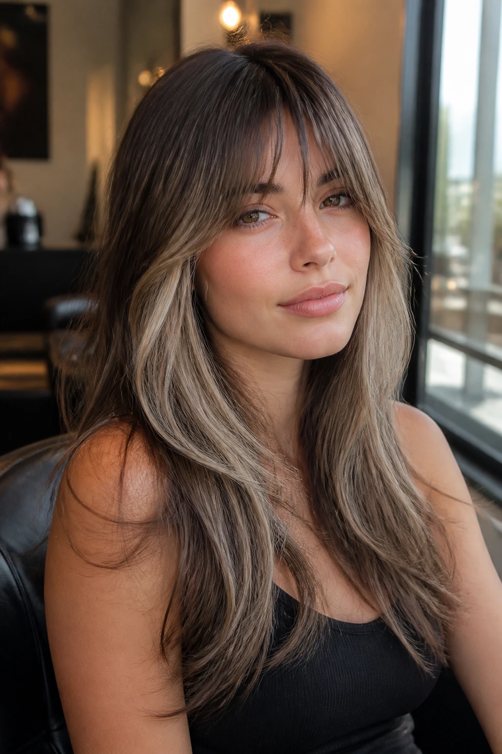 Close-up portrait of a real woman with mocha brown base and ash blonde Birkin bangs framing the face