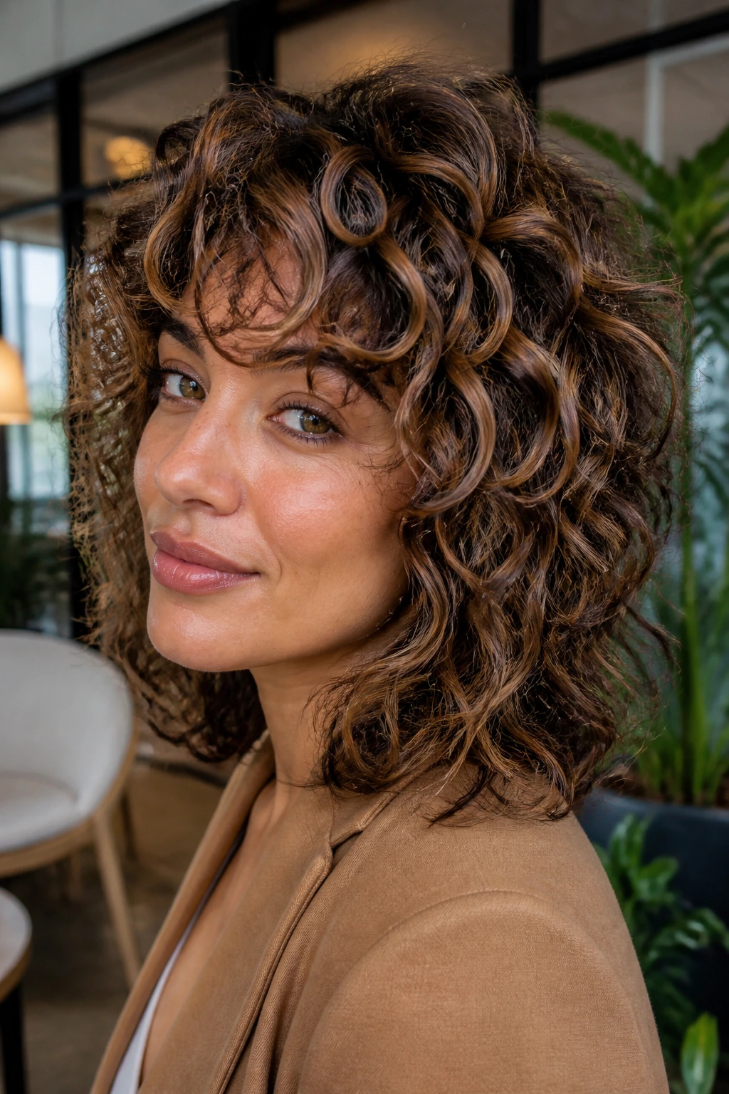 Real woman with mocha caramel ribboning on curly shag in an office