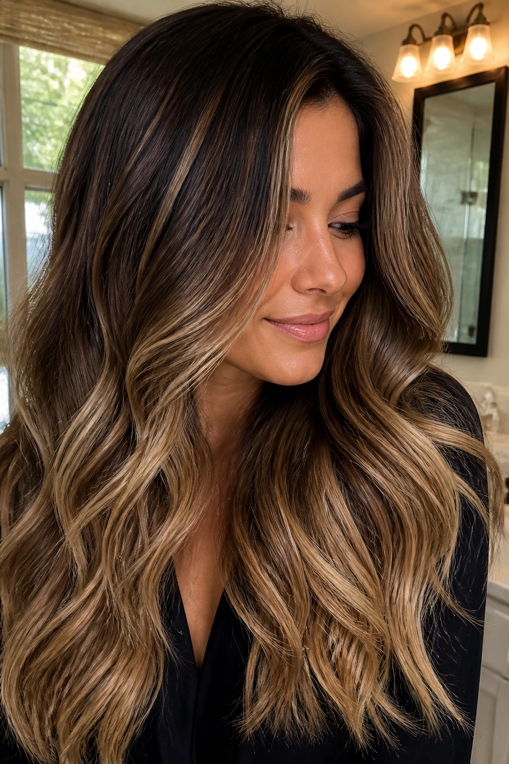 Close-up of mocha to creamy toffee hair melt on a real person in a home setting.