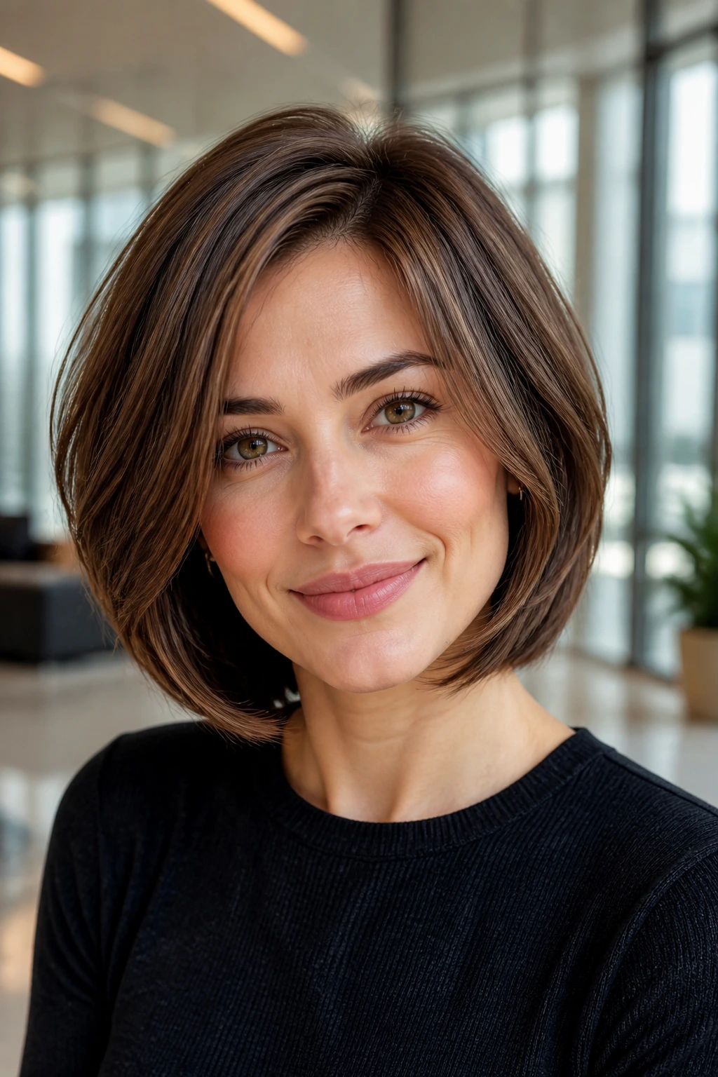 Close-up of a woman with a softly layered mocha bob, long layers and rounded silhouette.